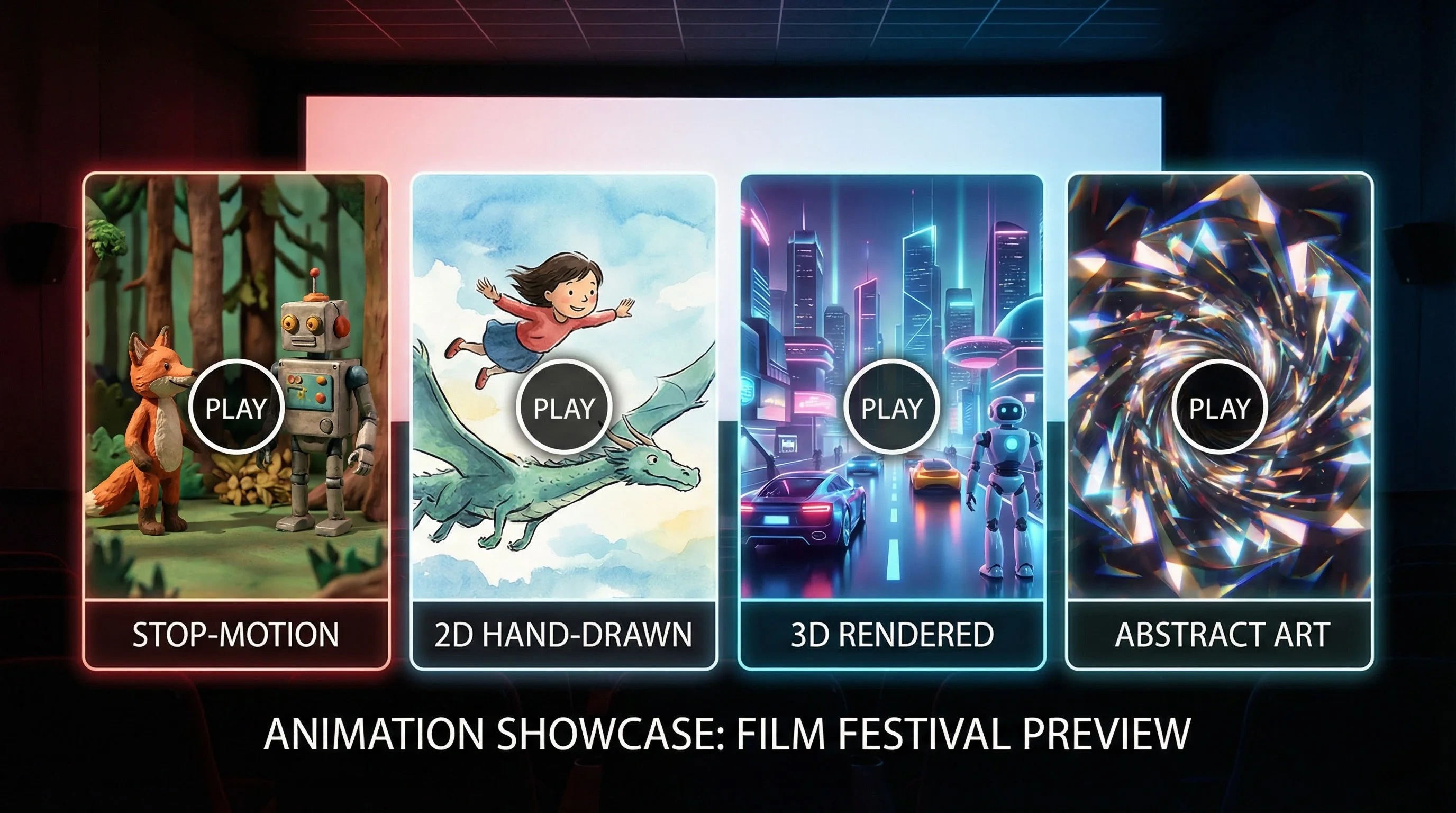 里番-最新传媒原创发布|吃瓜爆料动画预告片合集横幅 - 定格动画、2D手绘、3D渲染、抽象艺术四种风格预览